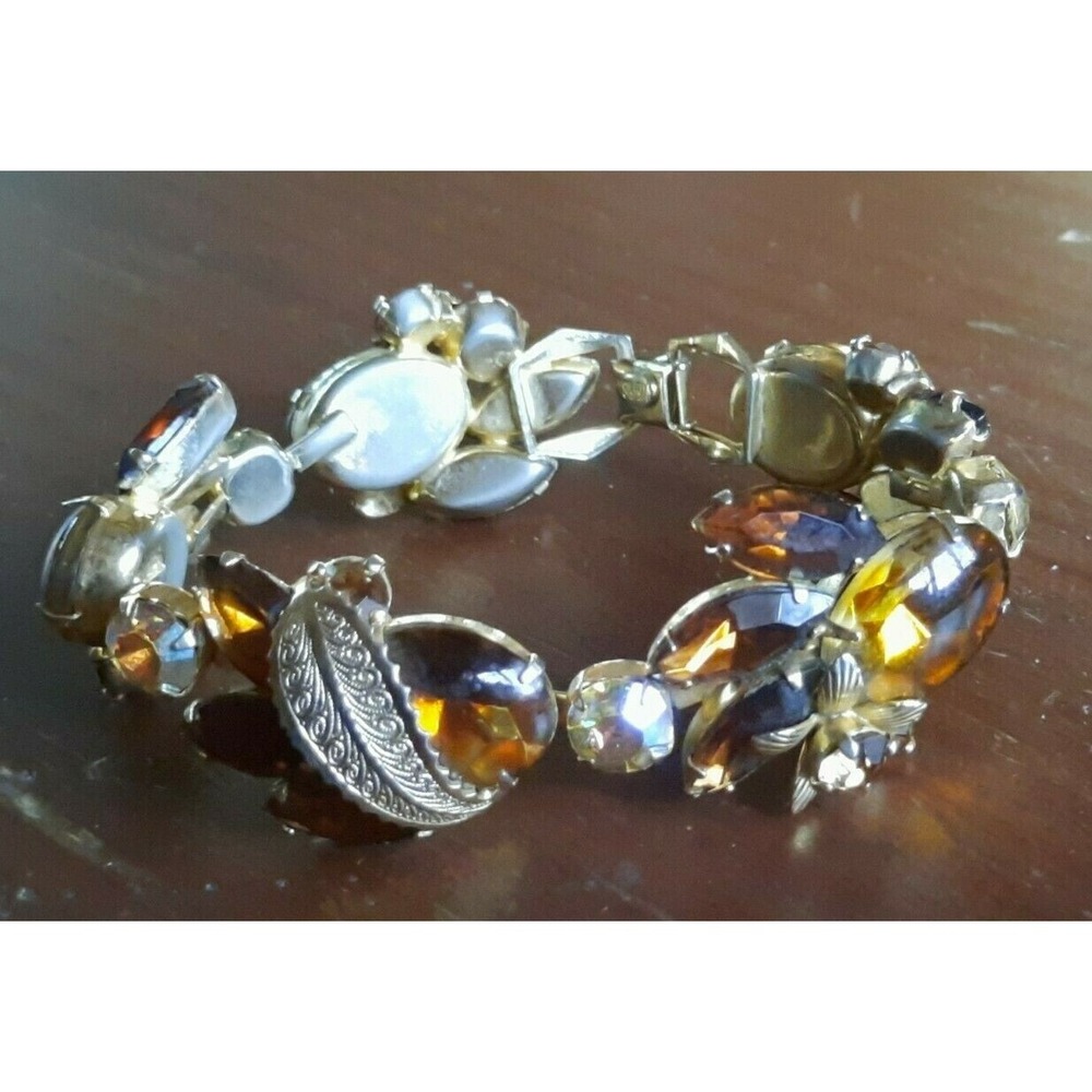 WEISS Vintage Topaz AB Rhinestone Gold Tone Leaf Statement Bracelet Signed